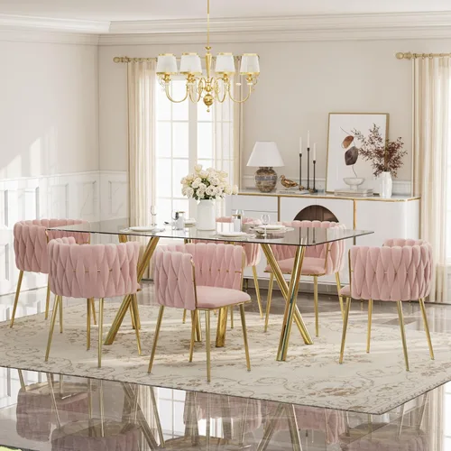 Vista 22 de Glam Style - Juego de mesa de comedor de 5 piezas para 4, mesa de comedor rectangular de vidrio templado de 51 pulgadas con base de metal dorado