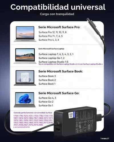 Vista 5 de Cargador Surface Pro de 65 W, cargador de computadora portátil compatible con Microsoft Surface Pro12 11 10 9 8 7+ 7 6 5 4 X, compatible 1867 1868