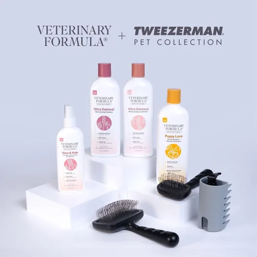 Vista 4 de Juego de Cuidado de Pelaje Suave por Veterinary Formula & Tweezerman – Spray Desenredante Gloss & Glide con Cepillo Slicker Pequeño para Perros