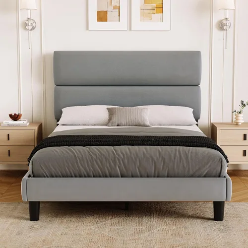 Vista 10 de GRUSIGN Base de cama de plataforma de tamaño individual con cabecera de terciopelo, soporte de listones de madera de altura ajustable, base