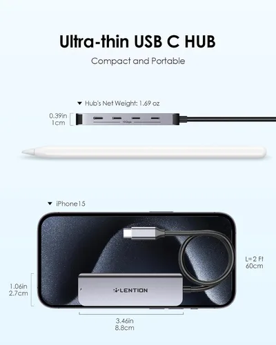 Vista 9 de LENTION Hub USB C de 4 puertos con cable largo de 2 pies, adaptador multipuerto USB C Hub 4 x tipo C 3.2 10Gbps, divisor USBC de carga PD de 100 W
