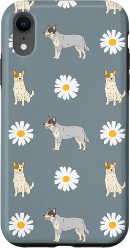 Vista 24 de Funda azul para iPhone 16 con diseño de perro Heeler y margarita azul polvoriento