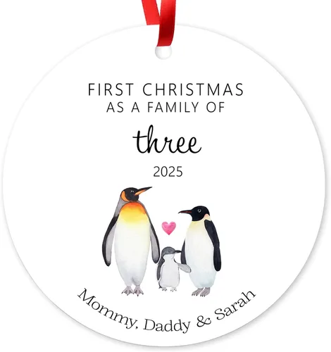 Vista 15 de Adorno de Navidad de familia de 3 2025, adorno personalizado para la primera Navidad del bebé, recuerdo de adorno familiar con tema de oso, 3.5 Co-03