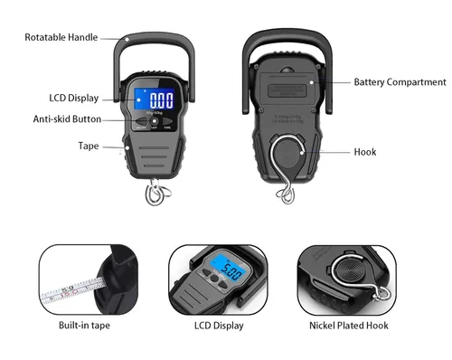 Vista 2 de Báscula digital de pescado báscula de equipaje báscula de gancho para colgar peso pantalla LCD retroiluminada de 1102lbs bolsa impermeable