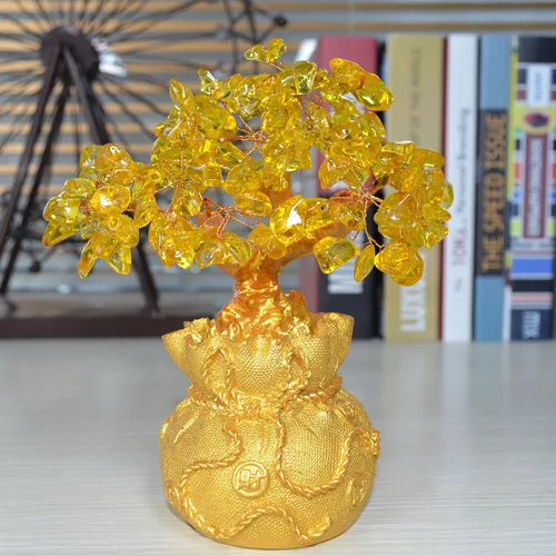 Vista 4 de Árbol de dinero Feng Shui de cuarzo citrino de 7 pulgadas, árbol de dinero de oro natural, oficina, habitación, buena suerte, decoración de fortuna