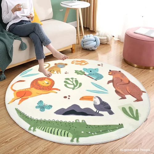 Vista 3 de Alfombra de juego para niños, alfombra circular de animales de 4 pies, alfombra redonda de zoológico para dormitorio, para niños y niñas, decoración