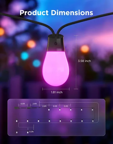 Vista 8 de Govee Guirnalda de luces S14 para exteriores, luces inteligentes RGBIC de 48 pies de color blanco cálido con 15 bombillas LED, 111 modos de escena