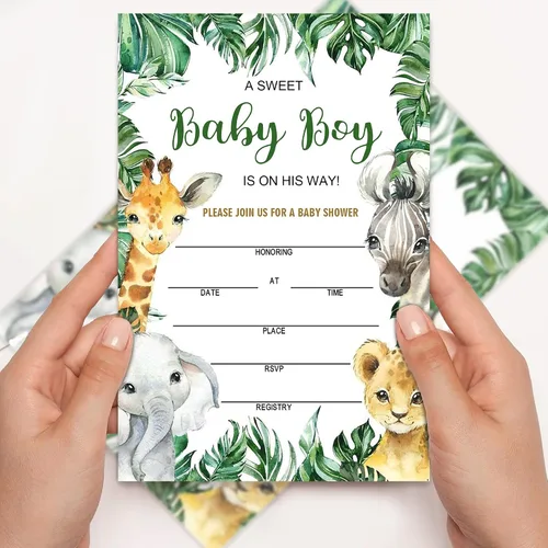 Vista 3 de Invitaciones de baby shower para niño, tarjetas de relleno de animales de la selva con sobres, de madera, juego de 25. green2