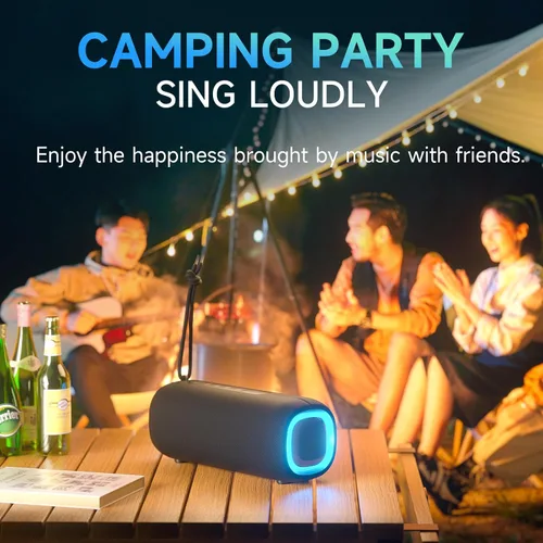 Vista 5 de Altavoz Bluetooth portátil, altavoz Bluetooth inalámbrico con sonido estéreo claro y fuerte, altavoces impermeables IPX5 con luces RGB, BT5.3, largo