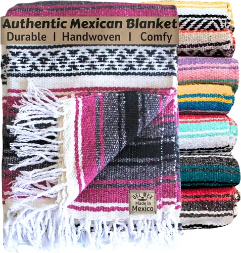 Vista 30 de Del Mex Manta clásica mexicana, gran manta falsa tejida auténtica (70 x 50 pulgadas), decoración artesanal del suroeste para playa, yoga, aire libre