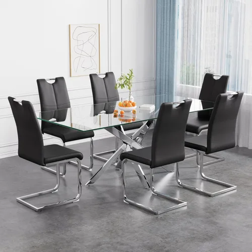 Vista 30 de Juego de mesa de comedor de 36 pulgadas para 4, moderna parte superior cuadrada de vidrio templado, mesa de patas de acero inoxidable con acabado