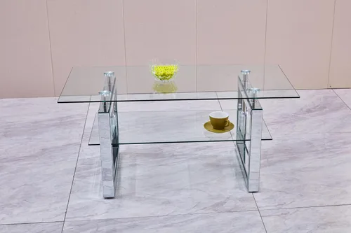 Vista 9 de Mesa de centro de cristal de 39 pulgadas, moderna mesa de centro de vidrio templado de 2 capas, mesas rectangulares para sala de estar, muebles