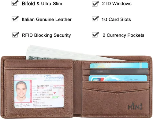 Vista 3 de Cartera de piel auténtica para hombre con bloqueo RFID billetera elegante con 2 ventanas de identificación