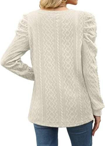 Vista 4 de XIEERDUO Crewneck Sweaters for Women Pullover Comfy Ladies Fall Shirts Crewneck Puff Sleeve Tops
