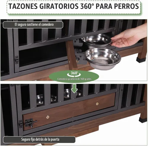Vista 5 de Muebles de jaula para perros de 33.3 pulgadas, jaulas plegables para perros con cuencos giratorios de 360°, jaula de madera para cachorros con marco