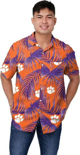 Vista 9 de FOCO NCAA Mens NCAA College Team Logo Floral Tropical Hawaiian Button Up Shirt
