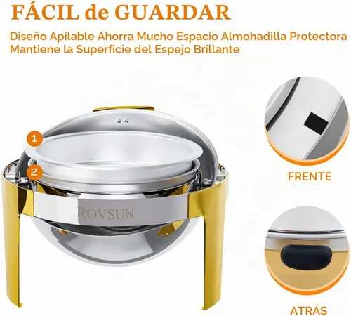 Vista 7 de ROVSUN Platos de Roce con Parte Superior Enrollable para Buffet 6QT, Juego de Platos de Roce Redondos de Acero Inoxidable para Buffet, Juego