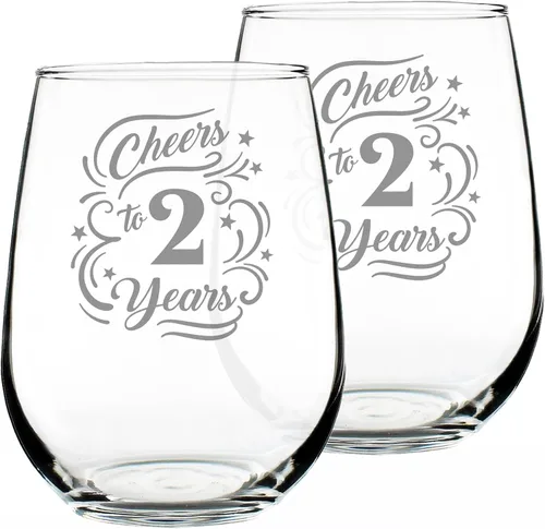 Vista 7 de Custom Cheers to 2 Years - Personalized Stemless Wine Glass Gifts for Women & Men - 2nd Anniversary Party Decor - Large 17 Oz Glasses - Customized