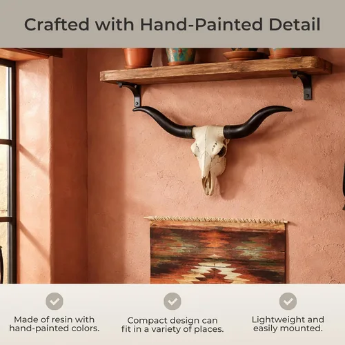 Vista 6 de Zeckos Escultura de pared de calavera de trofeo Longhorn de 20 pulgadas en negro y hueso, hecha a mano - Cabeza de buey falsa realista con detalles