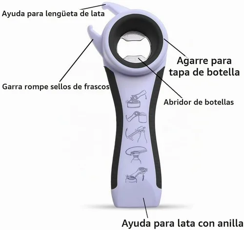 Vista 5 de Abrebotellas con tapas 5 en 1, abrebotellas, ideal para mujeres, niños, personas mayores, herramienta de cocina multiusos, fácil de abrir. Blanco
