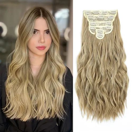 Vista 24 de Fliace Extensiones de cabello con clip para mujer, extensiones de cabello ondulado largo de color marrón medio, extensiones de cabello sintético