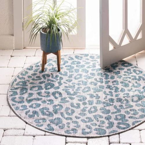 Vista 50 de Unique Loom colección Outdoor Safari Alfombra para exteriores - Leopardo (13' redonda, azul/gris)