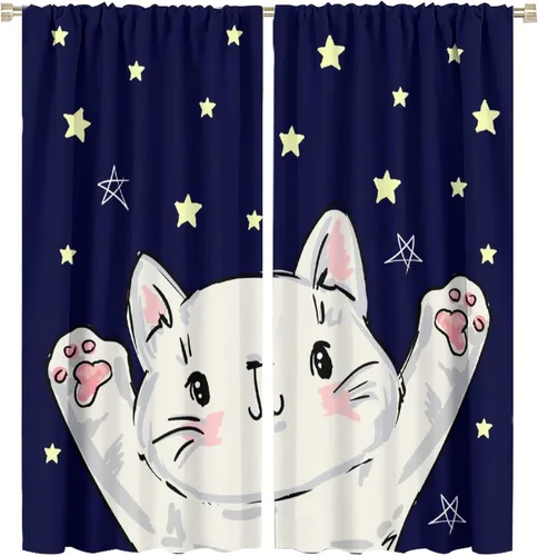 Vista 41 de Cortinas opacas de gato abstracto, arte simple, universo planeta, dibujos animados, lindo, divertido, colorido, gato, azul, niños, niñas, niños