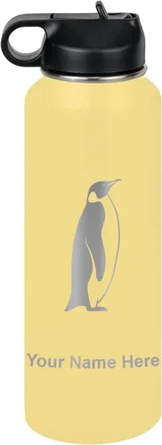 Vista 69 de LaserGram Botella de agua personalizada, pingüino, acero inoxidable de doble pared aislada al vacío con popote superior, regalo grabado