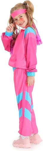 Vista 2 de IMEKIS Disfraz de entrenamiento de los años 80 para niñas, niños, chaqueta de Halloween con pantalones, diadema de los años 80, conjunto de ropa