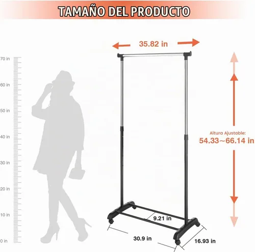 Vista 5 de Whitmor Perchero ajustable con ruedas, perchero con ruedas para colgar ropa, perchero resistente de un solo riel, estante colgante portátil