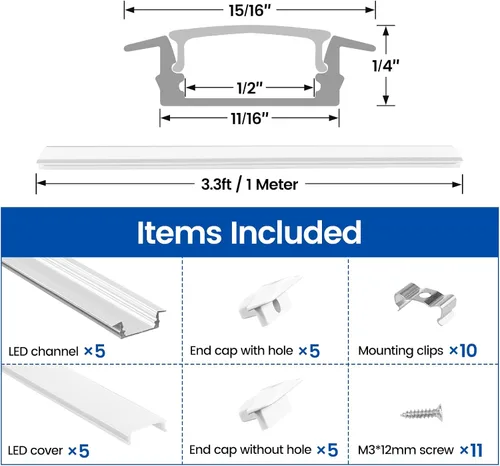 Vista 4 de Muzata Paquete de 5 canales LED empotrados de 3.3 pies/3.3 ft con cubierta blanca lechosa en forma de U de aluminio LED tira difusor canal U127 WW 1M