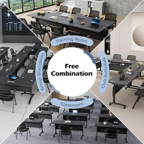 Vista 8 de 62.9in Folding Conference Table, 8 Pack Flip Top Training Tables 1619-black-1