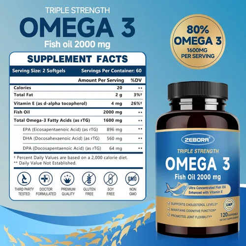 Vista 2 de ZEBORA Aceite de pescado con Omega-3 de triple fuerza 2000mg – Omega 3 ultra alta potencia rTG – Apoya la salud del corazón, el cerebro, los ojos