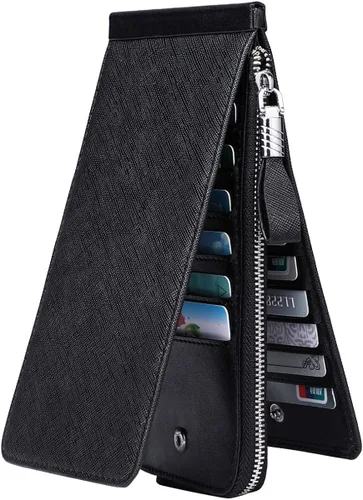 Vista 2 de JEEBURYEE Cartera larga con cremallera RFID de cuero genuino para mujer