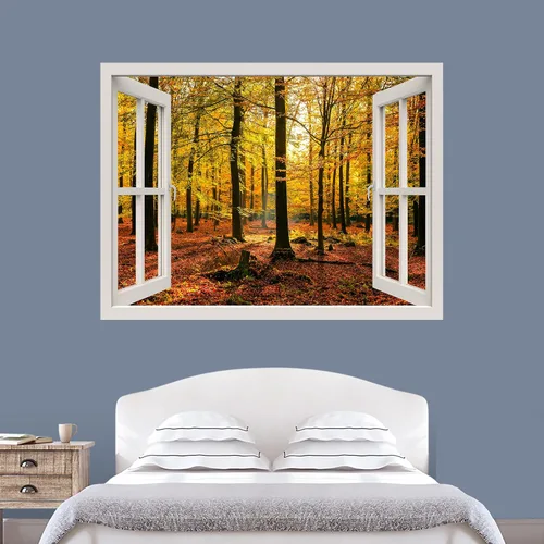 Vista 24 de IDEA4WALL Murales de pared para dormitorio, vista de ventana falsa, bosque, papel tapiz extraíble, calcomanías de pared para despegar y pegar, 24 x