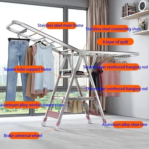 Vista 3 de Tendedero plegable para interiores, estante de secado de ropa plegable de 3 niveles, estante de secado independiente, con alas de altura ajustable