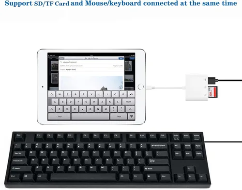 Vista 3 de Apple Lightning a tarjeta SD y TF Adaptador de cámara USB para iPhone/iPad, lector de tarjetas 3 en 1 USB Dongle para unidad flash USB, teclado