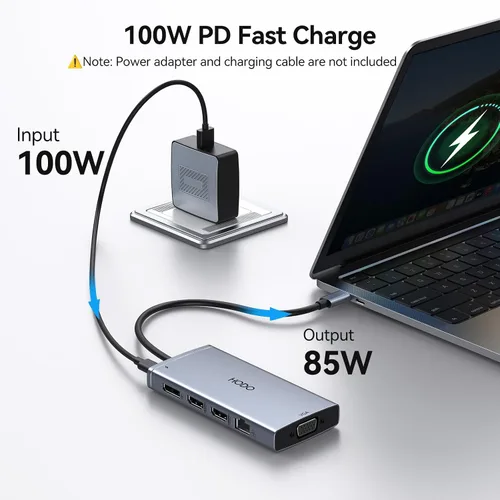 Vista 6 de Estación de acoplamiento USB C con adaptador para monitor dual para Dell HP, estación de acoplamiento para portátil con 3 monitores, pantalla Gris