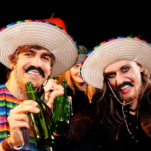 Vista 6 de El juego de disfraz de fiesta mexicana incluye sombrero de poncho de serape mexicano con bigote falso accesorio de palito de maracas coloridas