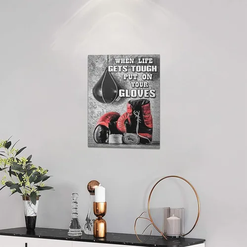 Vista 2 de Pósteres de boxeo, arte de pared, guantes de boxeo rojos, decoración de pared, citas inspiradoras en blanco y negro, impresiones en lienzo, pintura