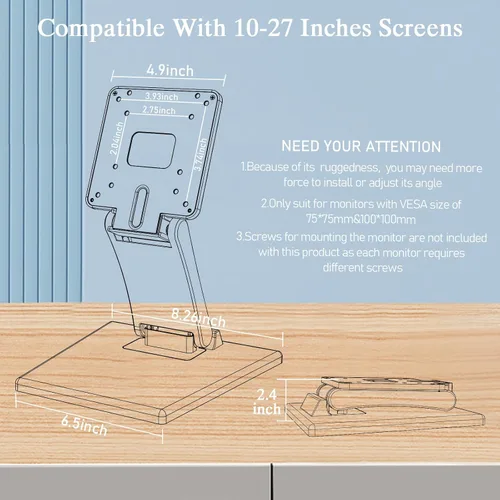 Vista 2 de Babibobibi Soporte VESA plegable - 2.953 x 2.953 in/3.937 x 3.937 in Soporte para monitor LCD/PC, negro, plano y adaptador de monitor único