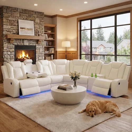 Vista 14 de Sofá Seccional Reclinable Eléctrico de Cuero Blanco Crema, Mueble Sala Cine en Casa con Iluminación LED, Consola Almacenamiento, Portavasos y Carga