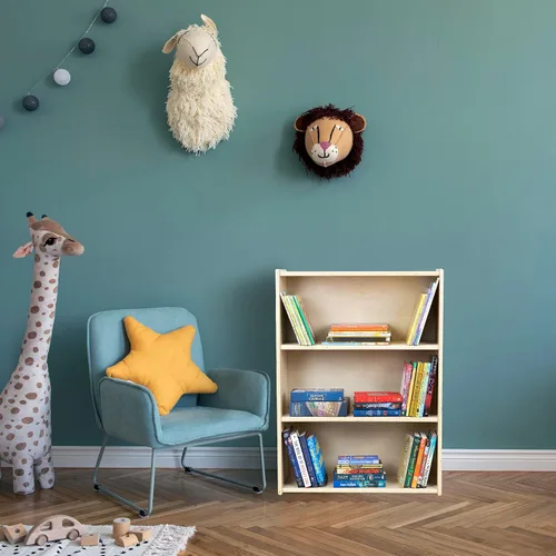 Vista 2 de Estantería de tres estantes para niños, 35.5 pulgadas de alto x 24 pulgadas de ancho x 11.5 pulgadas de profundidad, estantes resistentes de madera