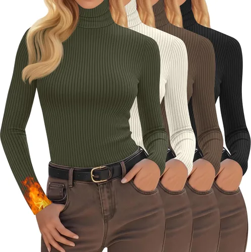 Vista 26 de Oakgarden Paquete de 4 camisetas térmicas de cuello alto para mujer, de manga larga, acanaladas, de algodón, ajustadas, capa base, ropa