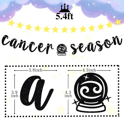 Vista 2 de Cartel de la temporada de cáncer, cartel negro con purpurina de feliz cumpleaños, gran energía contra el cáncer, 12 constelaciones del zodiaco tema