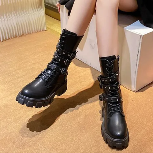 Vista 3 de Botas de media pantorrilla para mujer, ligeras, a la moda, con múltiples hebillas, con cordones, antideslizantes, altura de motocicleta