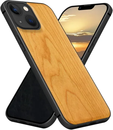 Vista 13 de Carveit Funda magnética de madera para iPhone 13 Mini [madera natural y TPU suave negro] funda protectora de madera única y elegante a prueba