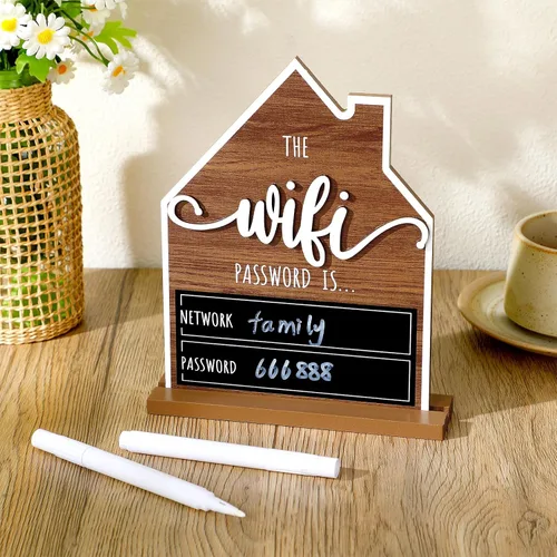 Vista 10 de Letrero de Contraseña con Patrón WiFi para Invitados del Hogar Mesa de Madera Letrero con Patrón WiFi de Madera con Tablero Pluma Borrable Pizarra