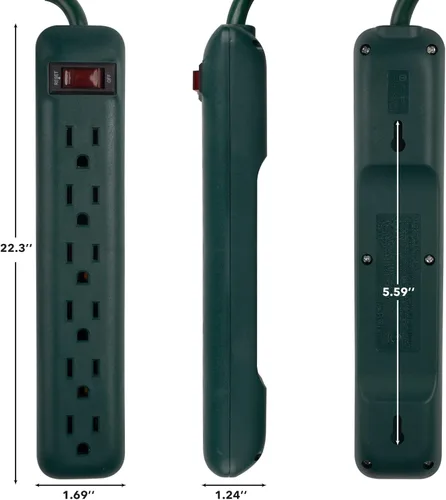 Vista 5 de Clear Power Paquete de 2 regletas de alimentación de 6 tomas con cable corto de 1.5 pies Verde