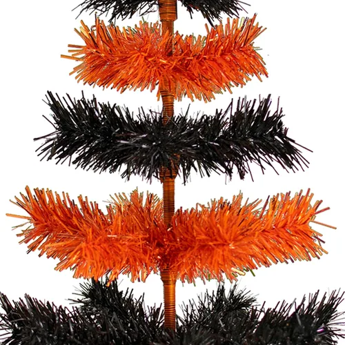 Vista 3 de Árbol de Navidad multicolor naranja y negro con temática de Halloween, cepillo en capas de oropel artificial con soporte incluido (18 pulgadas)